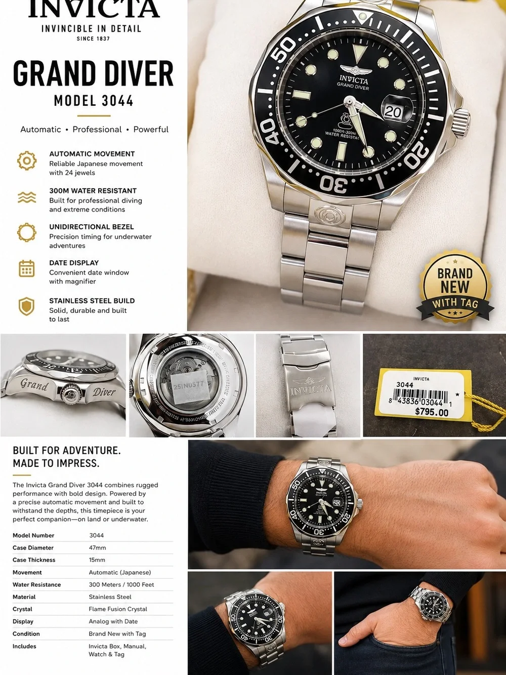 Invicta Grand Diver Model 3044 Stainless Steel Men's Watch - Black